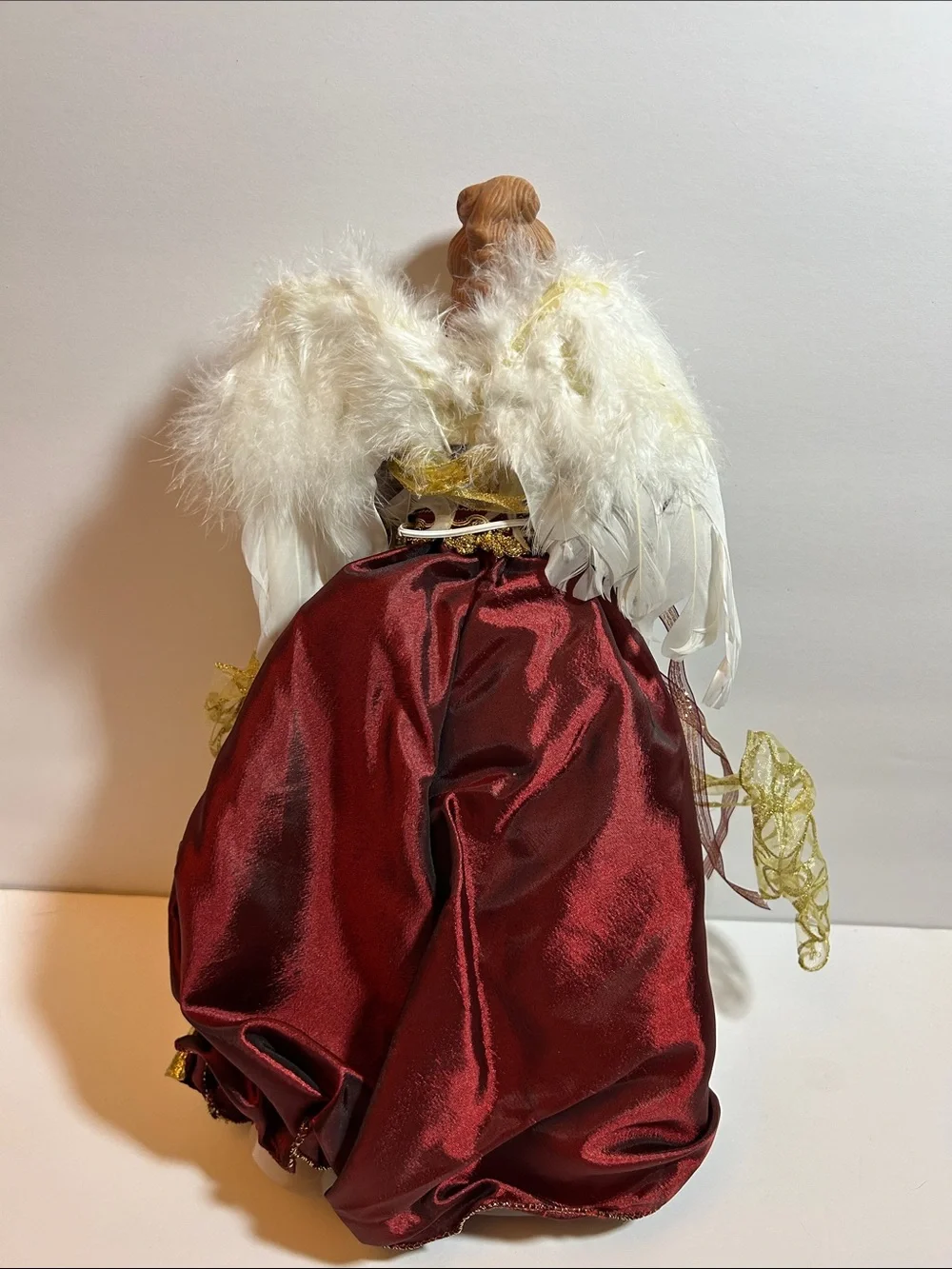 Vintage Porcelain Angel Tree Topper in Burgundy and Gold 17” tall